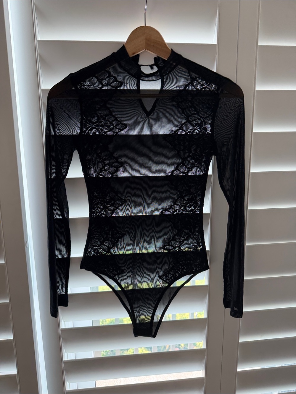 Fashion Nova Black Sheer Lace Long-Sleeve Bodysuit